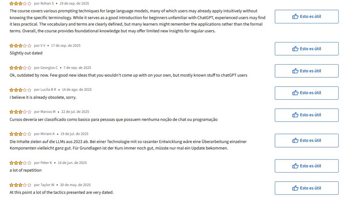 Comentarios negativos curso de ChatGPT ingeniería de prompts
