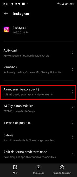 Instagram Login - Borra datos y caché de Instagram